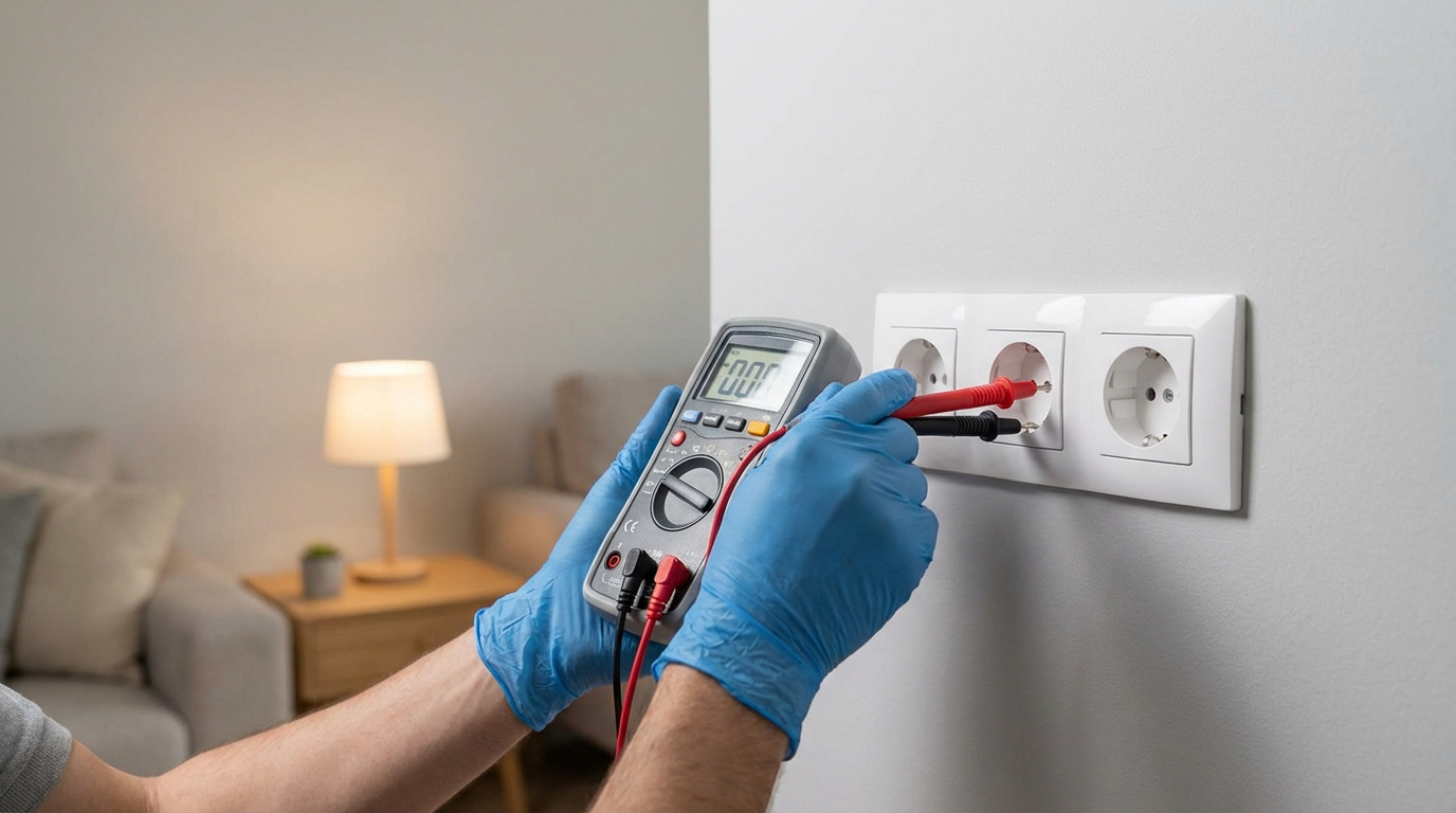 Gros plan sur un électricien ganté utilisant un multimètre pour tester une prise électrique triple murale, avec un salon en arrière-plan.