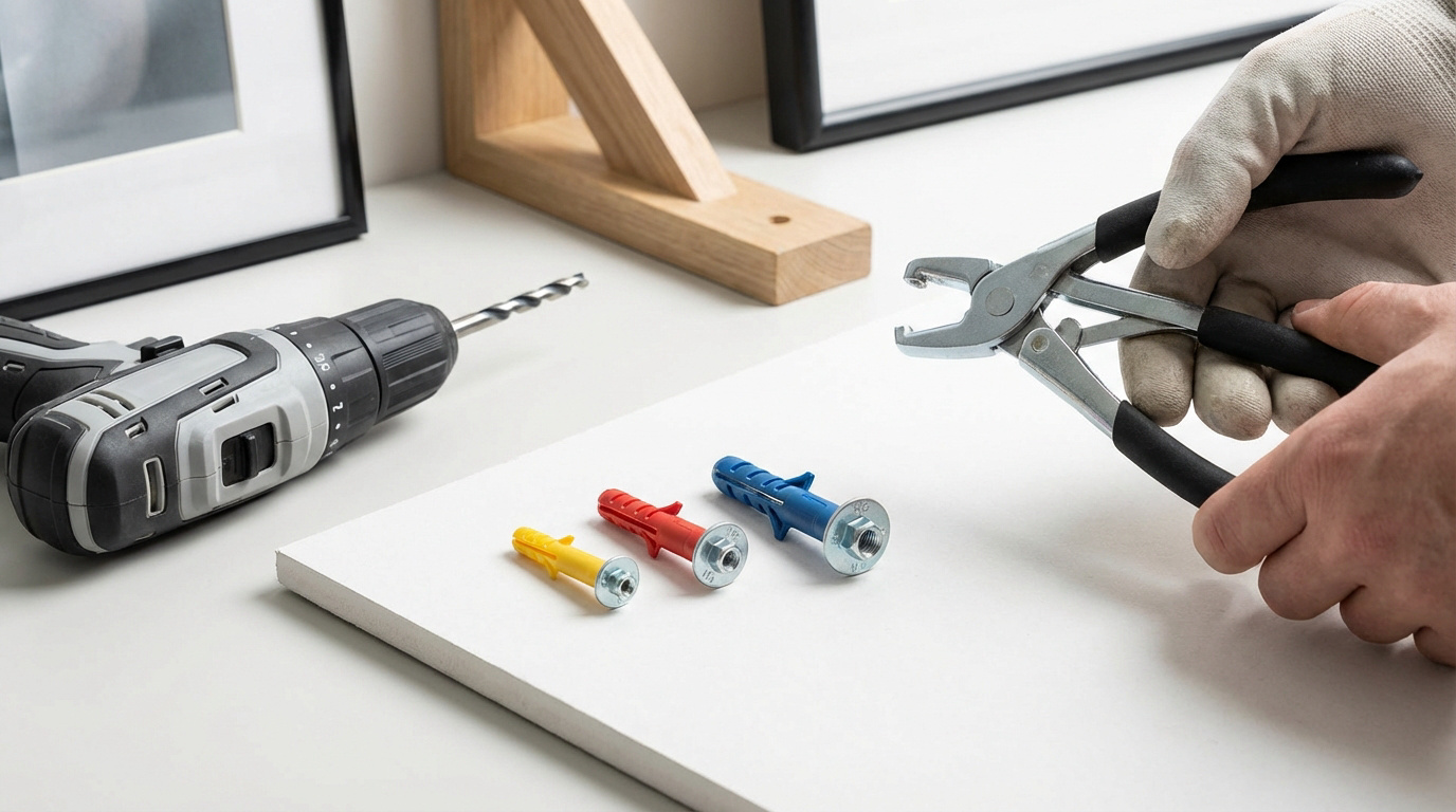 Une perceuse sans fil, trois chevilles Molly (jaune, rouge, bleue) sur du BA13, et une main avec pince à cheville Molly.