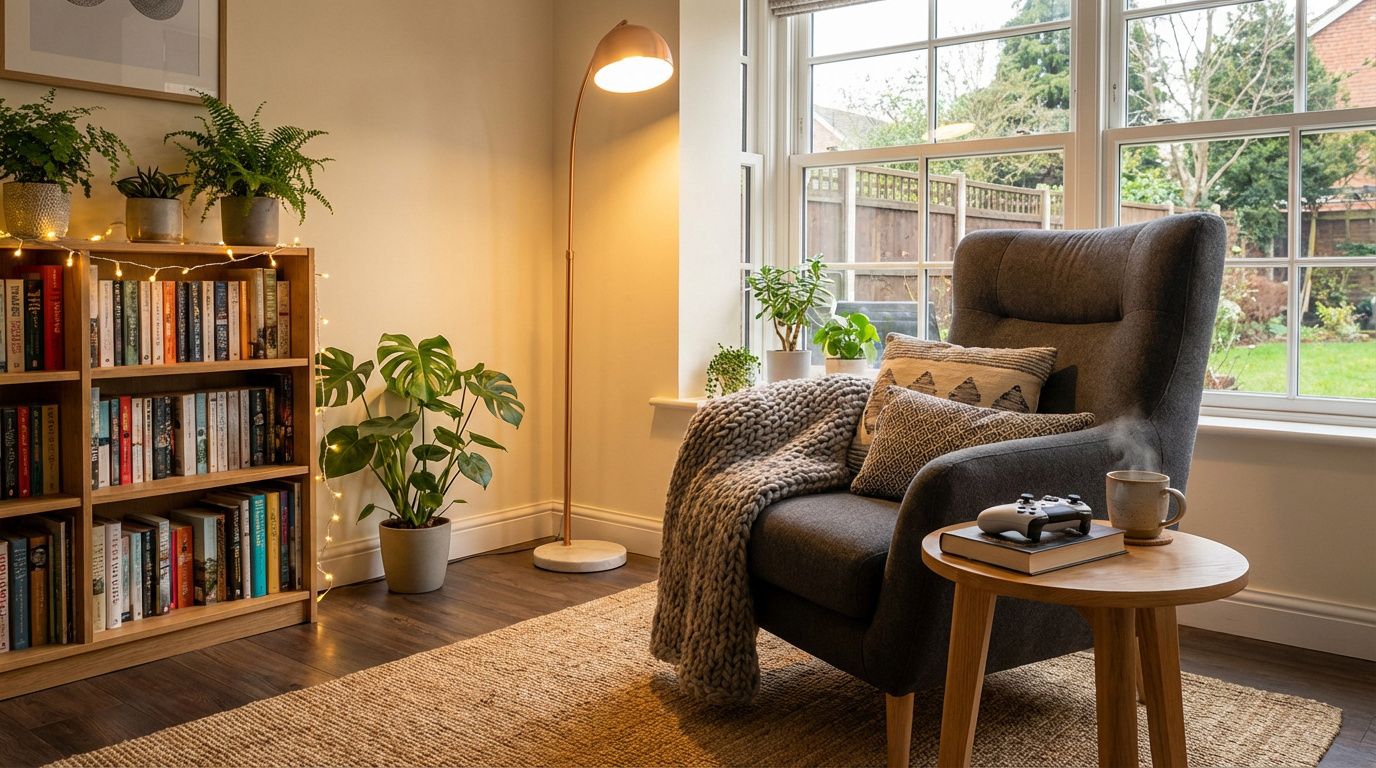 Un coin détente aménagé avec un fauteuil gris, une bibliothèque, des plantes, et une table d'appoint avec manette et tasse fumante.
