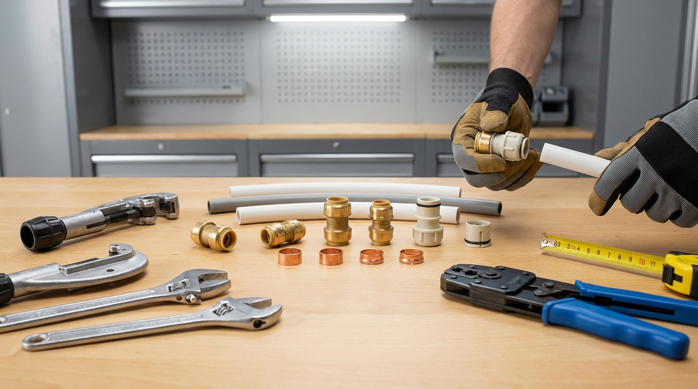 Des mains gantées assemblent un raccord sur un tuyau en plastique. Des outils (coupe-tubes, clés) et divers raccords sont sur l'établi.