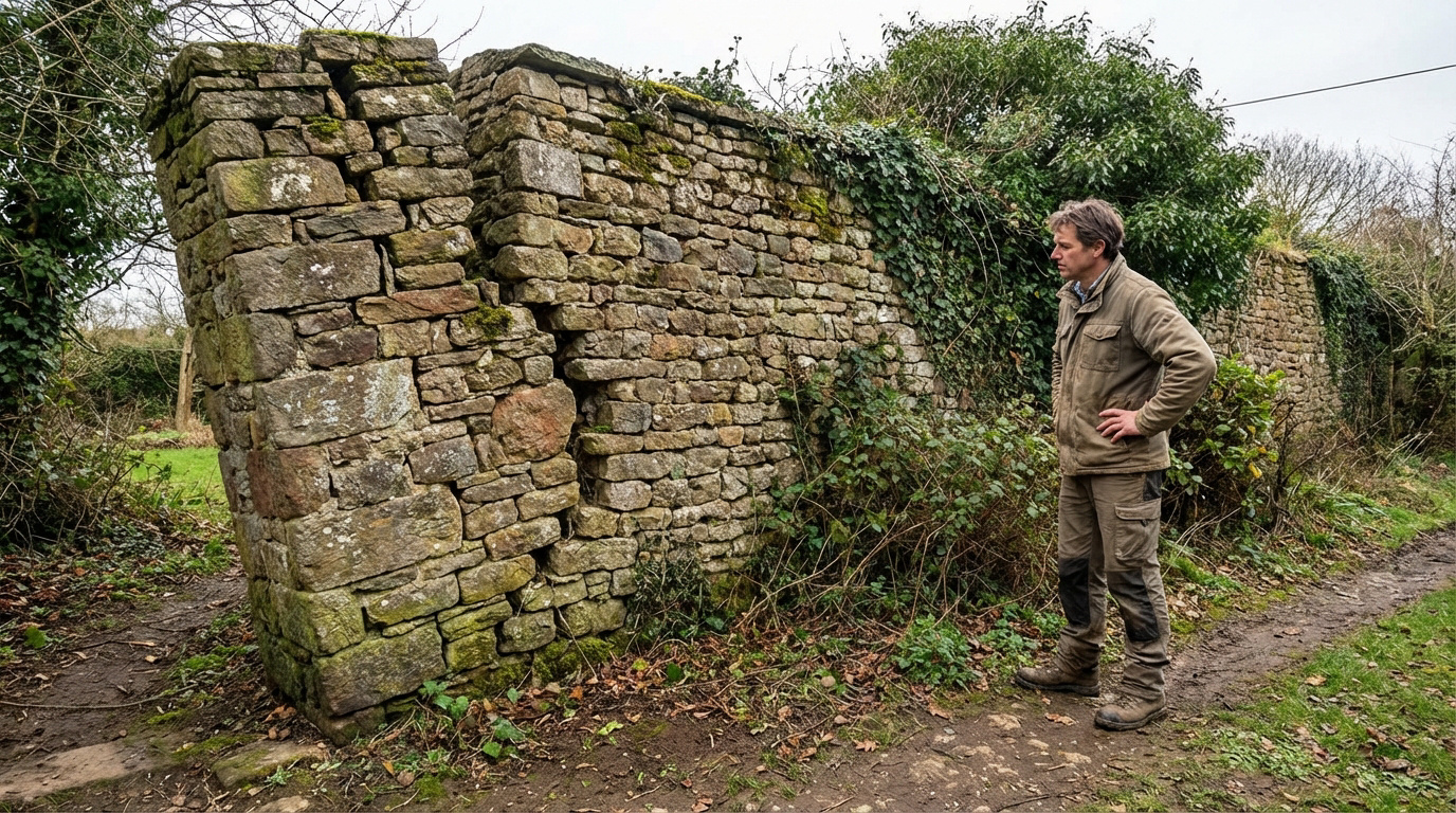 Un homme en tenue de travail inspecte un vieux mur en pierre visiblement penché et fissuré, envahi par la végétation.