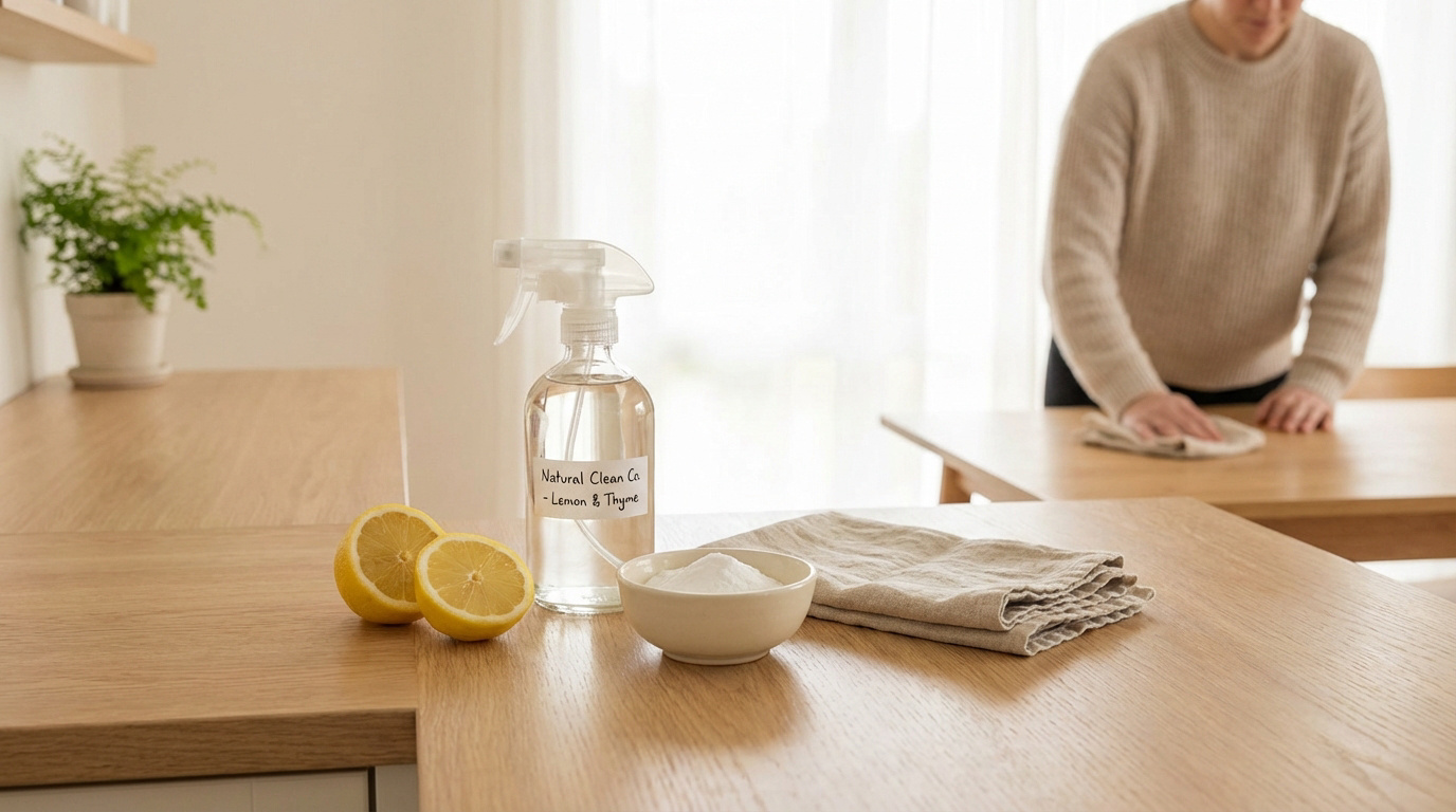 Une personne nettoie une table en bois. Au premier plan, citrons, vaporisateur de nettoyage naturel, poudre blanche et chiffon.