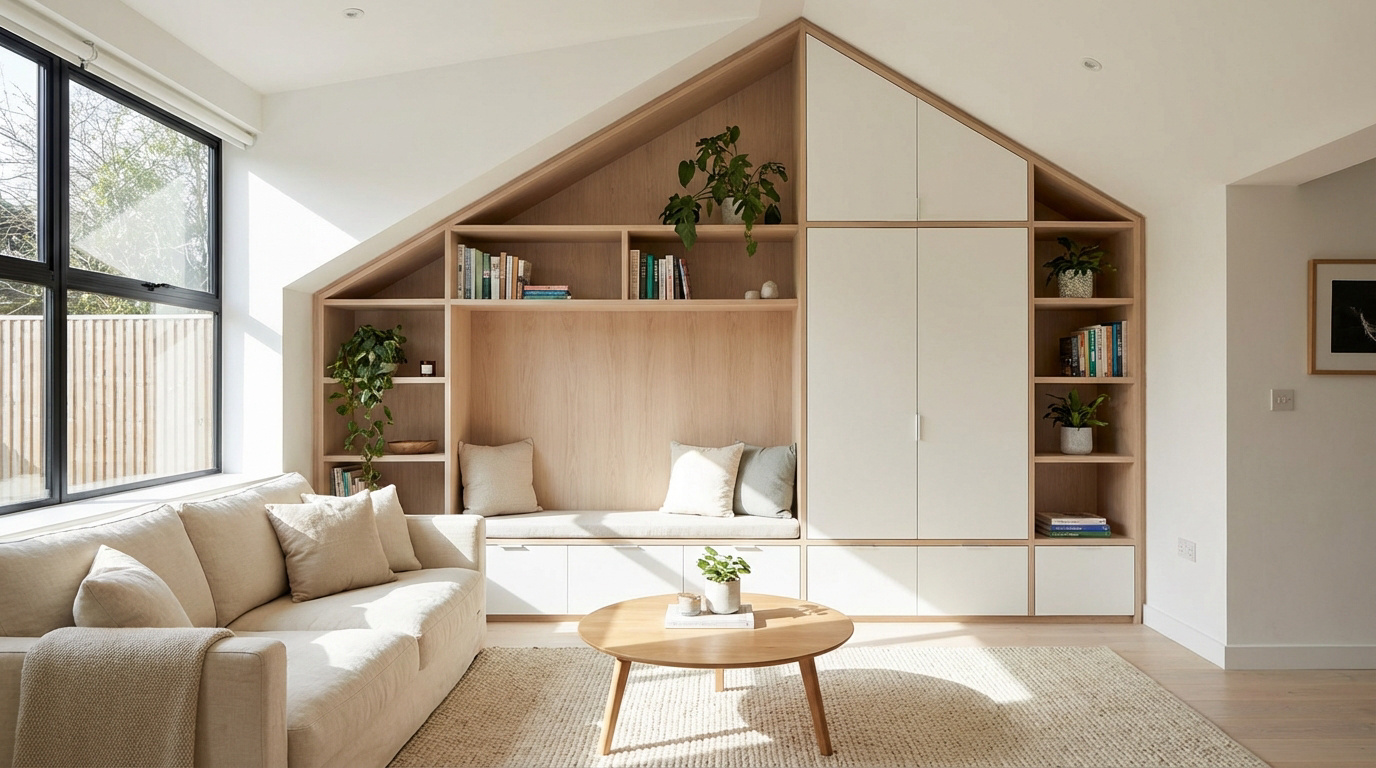 Salon lumineux avec canapé beige, table basse, et bibliothèque sur mesure intégrant un banc sous une mansarde en bois clair.