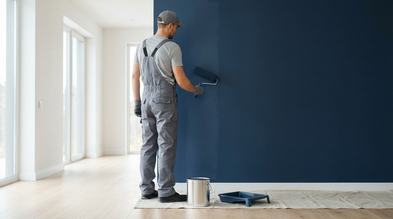 Homme en combinaison grise et casquette peignant un mur en bleu foncé avec un rouleau. Seau et bac à peinture au sol.