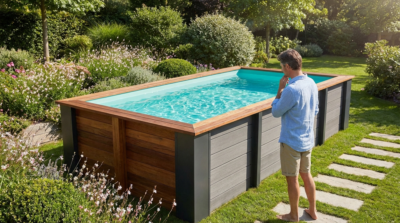 Piscine hors sol rectangulaire avec habillage gris et margelle bois, dans un jardin fleuri. Un homme pieds nus l'observe.