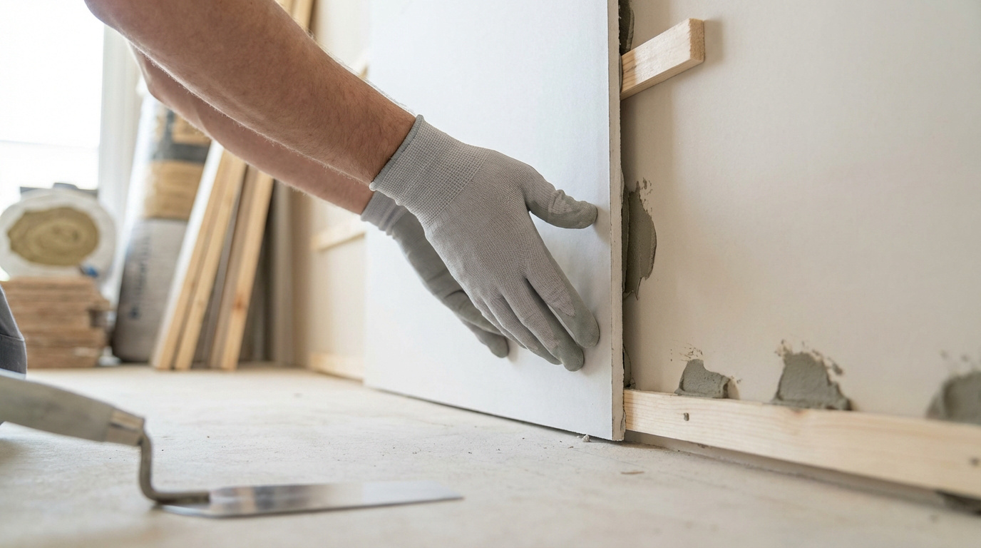 Mains gantées installant une plaque de plâtre sur un mur avec de la colle et des tasseaux en bois, truelle au sol.