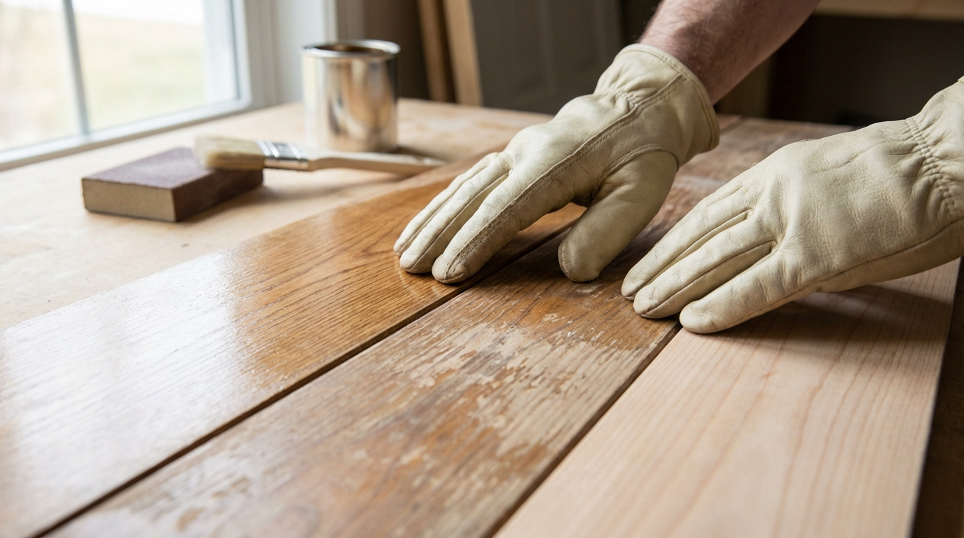 Gants appliquant un vernis sur du bois. Planches brute et dégradée, ponceuse, pot de peinture visibles sur une table.