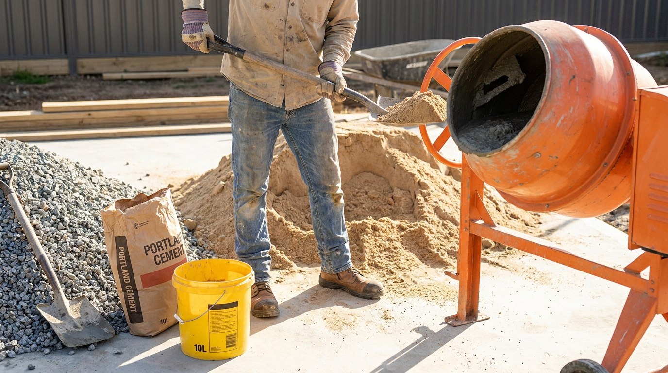 Un ouvrier charge du sable dans une bétonnière orange. À côté, des tas de granulats, un sac de ciment et un seau jaune de 10L.