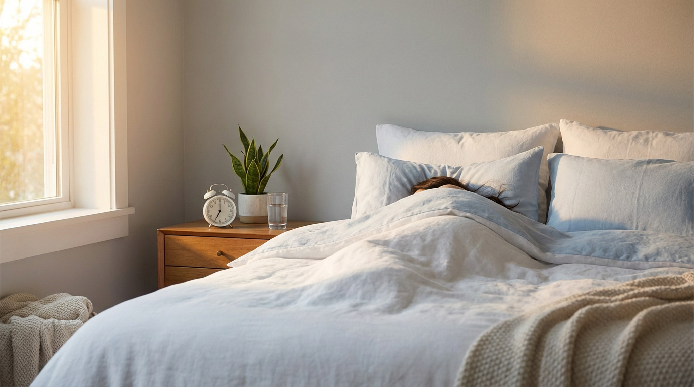 Personne dormant paisiblement sous une couette blanche, lumière naturelle d'une fenêtre, réveil et plante sur table de chevet.