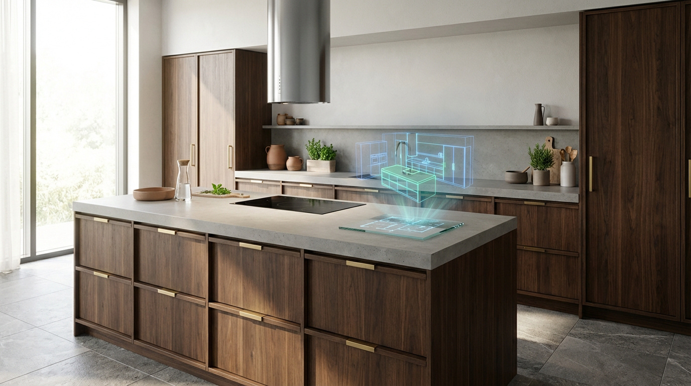 Cuisine moderne en bois foncé et plan de travail clair. Un hologramme bleu de modules de cuisine 3D est projeté depuis l'îlot.