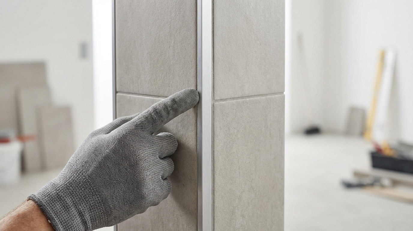 Main gantée grise touchant une baguette de finition métallique insérée entre deux carreaux de carrelage clairs au coin d'un mur.