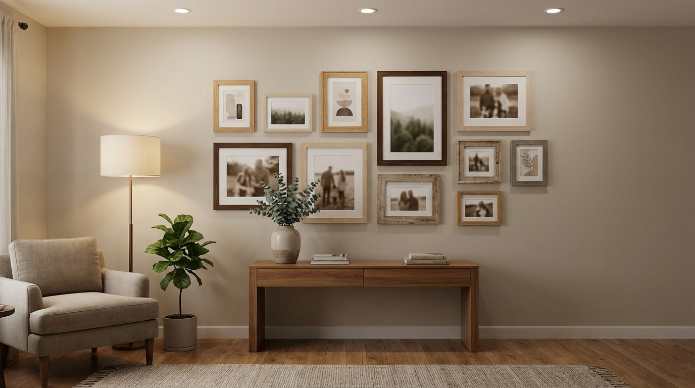 Mur beige décoré d'une composition de cadres photo en bois de tailles variées au-dessus d'une console. Fauteuil et lampe à gauche.