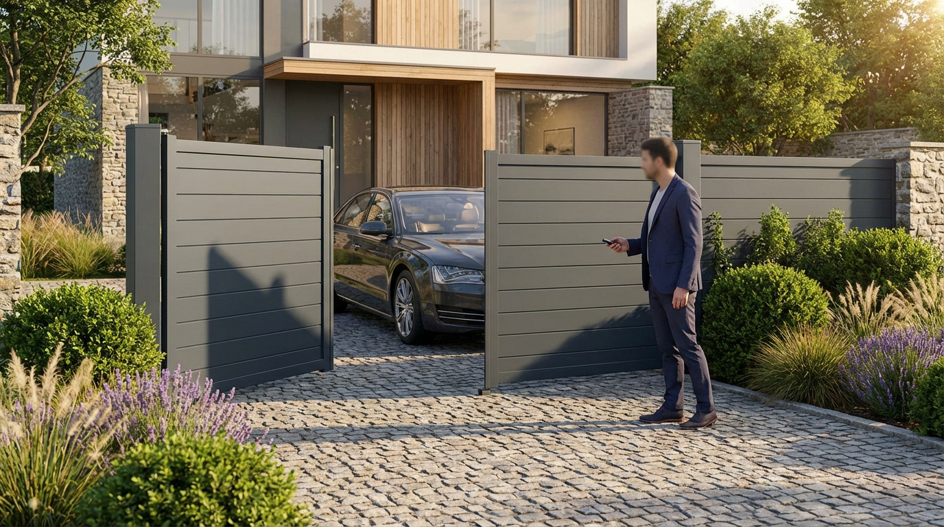 Un homme ouvre un portail battant motorisé gris avec une télécommande devant une maison moderne et une voiture.