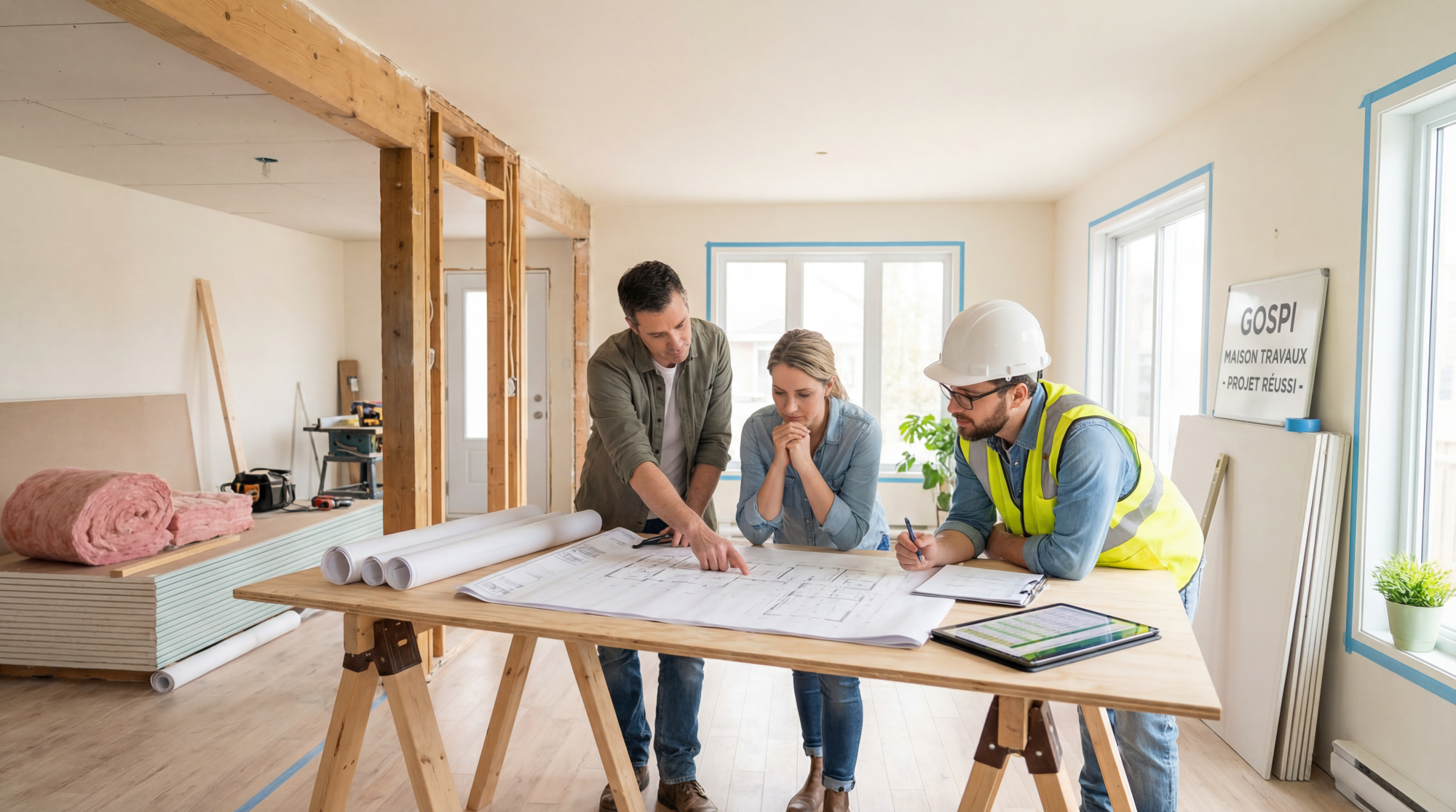 Un couple et un expert Gospi en casque de chantier discutent des plans d'un projet de rénovation de maison sur une table.