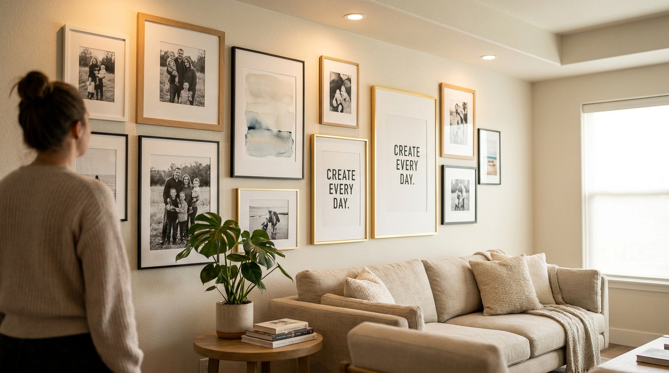 Femme admirant un mur galerie avec photos de famille encadrées, œuvres abstraites et affiches, au-dessus d'un canapé beige.