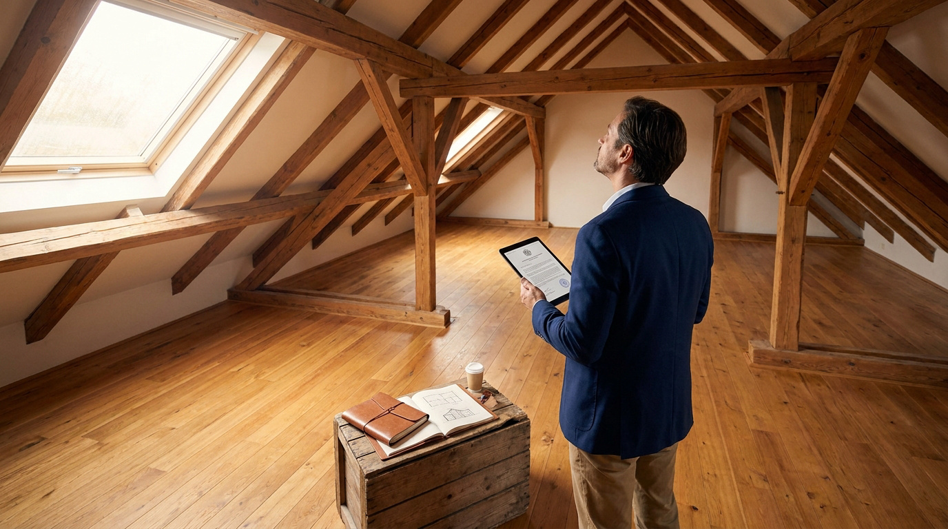 Un expert en costume inspecte un grenier spacieux avec une charpente en bois apparente et une tablette numérique.