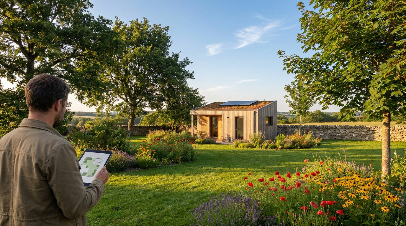 Homme consultant une tablette avec plan de jardin, devant une cabane moderne à toit végétal et panneaux solaires, entourée d'un jardin fleuri.