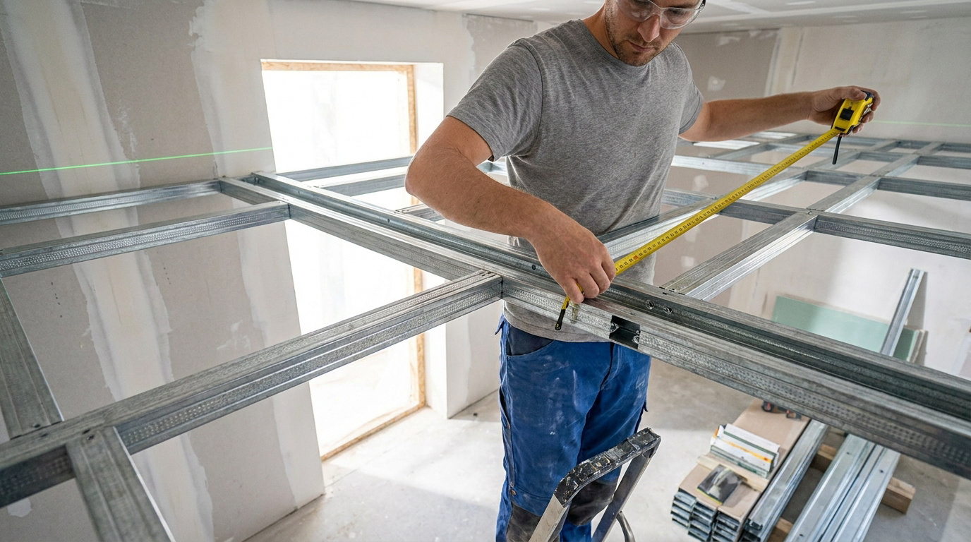 Artisan mesurant une structure métallique pour un plafond autoportant avec un mètre ruban.