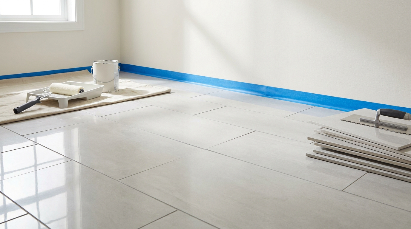 Pièce en rénovation avec murs peints, ruban de masquage bleu, rouleau à peinture et carrelage clair au sol avec outils.
