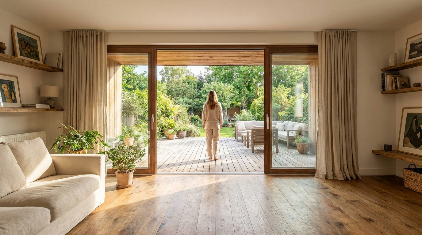 Une femme regarde son jardin depuis un salon lumineux aux menuiseries en bois assorties et parquet en chêne.