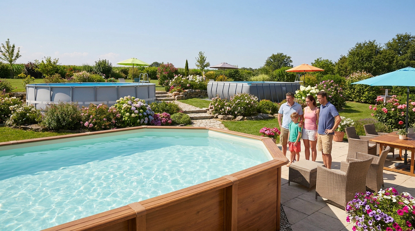 Une famille debout dans un jardin aménagé avec plusieurs piscines hors-sol de styles différents.