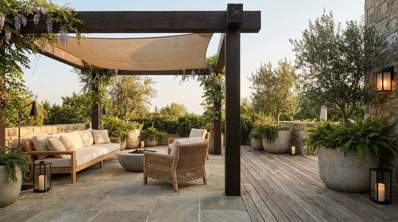 Terrasse avec pergola en bois, mobilier en rotin, plantes en pots en pierre et voile d'ombrage dans un cadre naturel.
