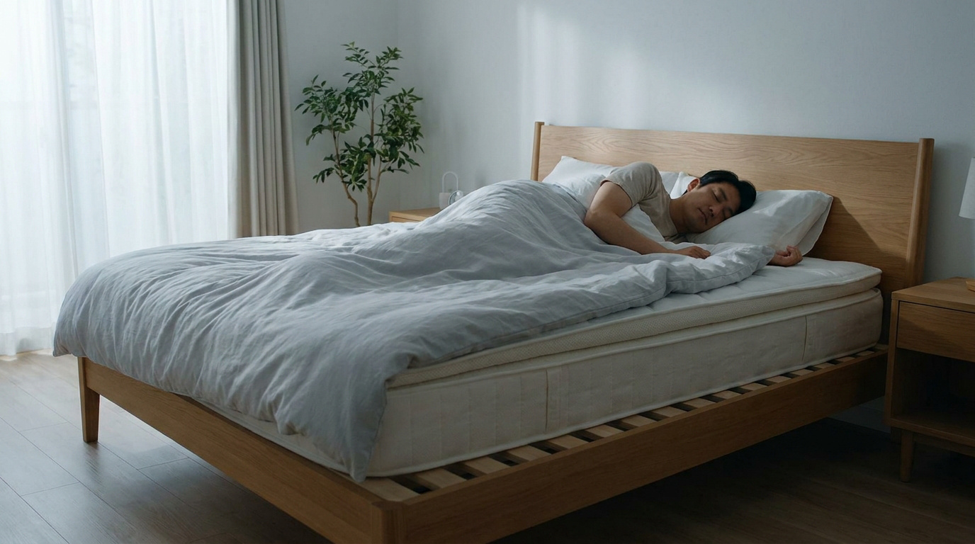 Un homme dort paisiblement dans un lit doté d'un sommier à lattes en bois dans une chambre lumineuse.