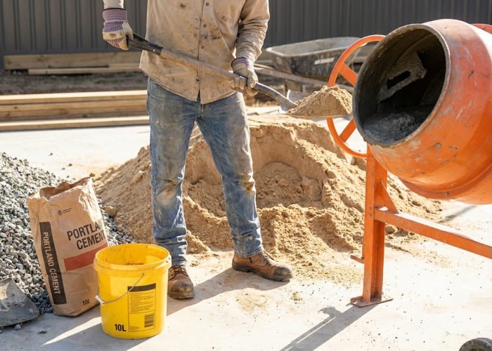 Un ouvrier charge du sable dans une bétonnière orange. À côté, des tas de granulats, un sac de ciment et un seau jaune de 10L.