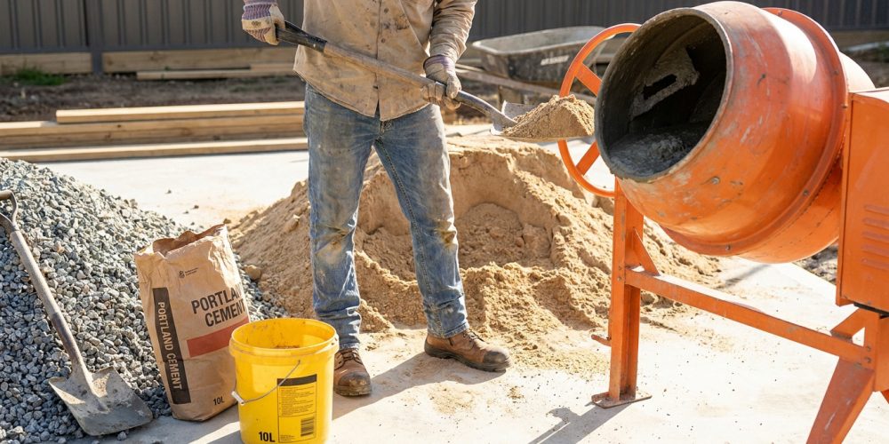 Un ouvrier charge du sable dans une bétonnière orange. À côté, des tas de granulats, un sac de ciment et un seau jaune de 10L.