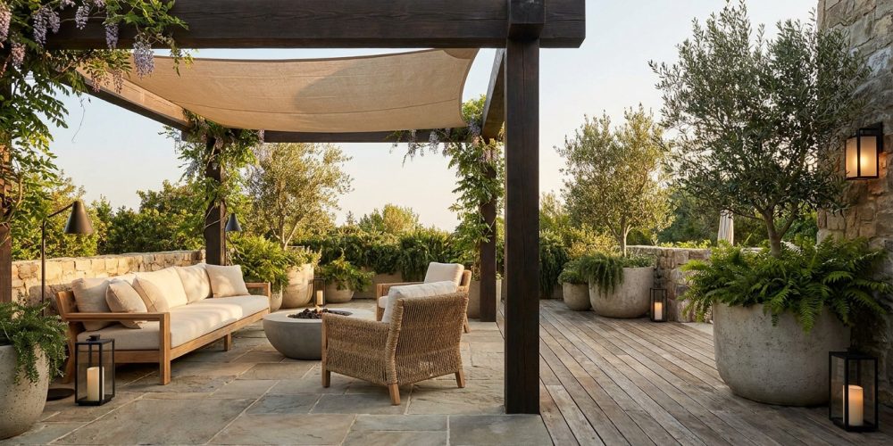 Terrasse avec pergola en bois, mobilier en rotin, plantes en pots en pierre et voile d'ombrage dans un cadre naturel.