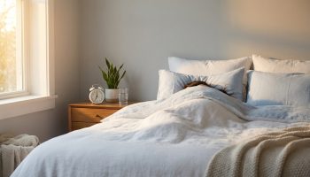 Personne dormant paisiblement sous une couette blanche, lumière naturelle d'une fenêtre, réveil et plante sur table de chevet.