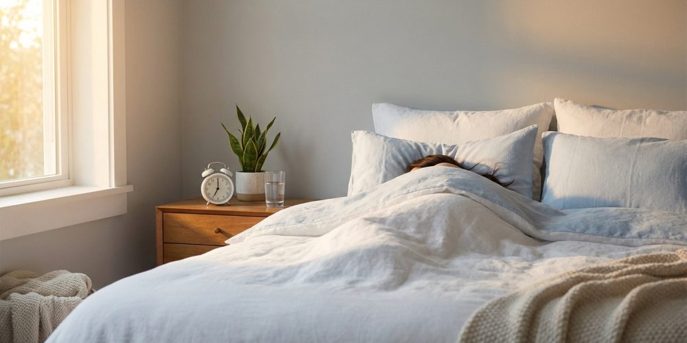 Personne dormant paisiblement sous une couette blanche, lumière naturelle d'une fenêtre, réveil et plante sur table de chevet.