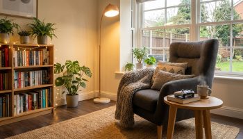 Un coin détente aménagé avec un fauteuil gris, une bibliothèque, des plantes, et une table d'appoint avec manette et tasse fumante.