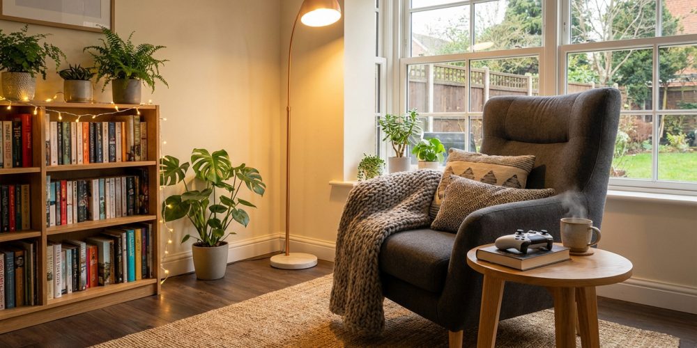 Un coin détente aménagé avec un fauteuil gris, une bibliothèque, des plantes, et une table d'appoint avec manette et tasse fumante.