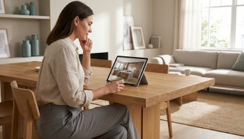 Femme assise à table regardant un projet de cuisine 3D sur tablette dans un salon moderne.