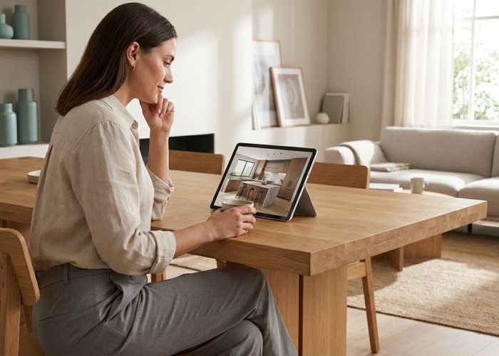 Femme assise à table regardant un projet de cuisine 3D sur tablette dans un salon moderne.