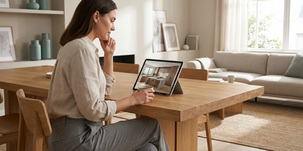 Femme assise à table regardant un projet de cuisine 3D sur tablette dans un salon moderne.