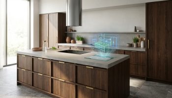 Cuisine moderne en bois foncé et plan de travail clair. Un hologramme bleu de modules de cuisine 3D est projeté depuis l'îlot.