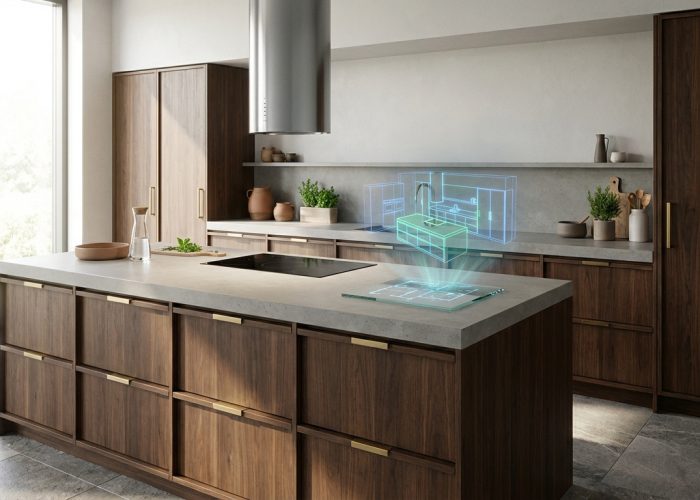 Cuisine moderne en bois foncé et plan de travail clair. Un hologramme bleu de modules de cuisine 3D est projeté depuis l'îlot.