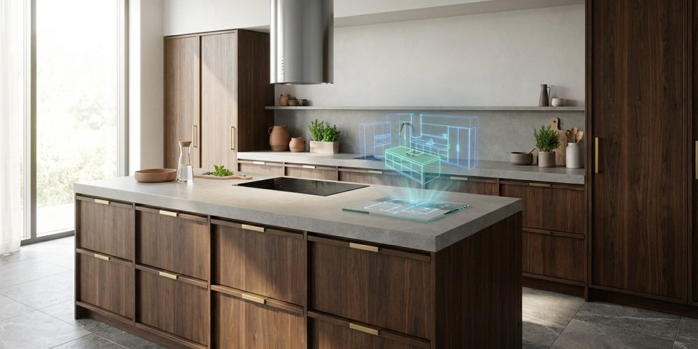 Cuisine moderne en bois foncé et plan de travail clair. Un hologramme bleu de modules de cuisine 3D est projeté depuis l'îlot.