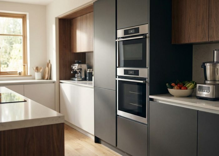 Cuisine moderne et lumineuse équipée d'un double four encastré, plaque à induction, robot culinaire et machine à café, aux tons bois et gris.