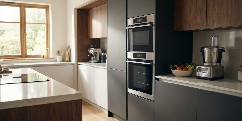 Cuisine moderne et lumineuse équipée d'un double four encastré, plaque à induction, robot culinaire et machine à café, aux tons bois et gris.