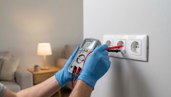 Gros plan sur un électricien ganté utilisant un multimètre pour tester une prise électrique triple murale, avec un salon en arrière-plan.