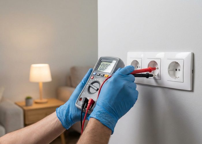 Gros plan sur un électricien ganté utilisant un multimètre pour tester une prise électrique triple murale, avec un salon en arrière-plan.