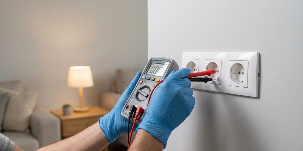 Gros plan sur un électricien ganté utilisant un multimètre pour tester une prise électrique triple murale, avec un salon en arrière-plan.