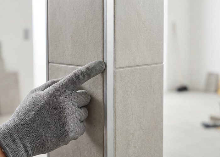 Main gantée grise touchant une baguette de finition métallique insérée entre deux carreaux de carrelage clairs au coin d'un mur.