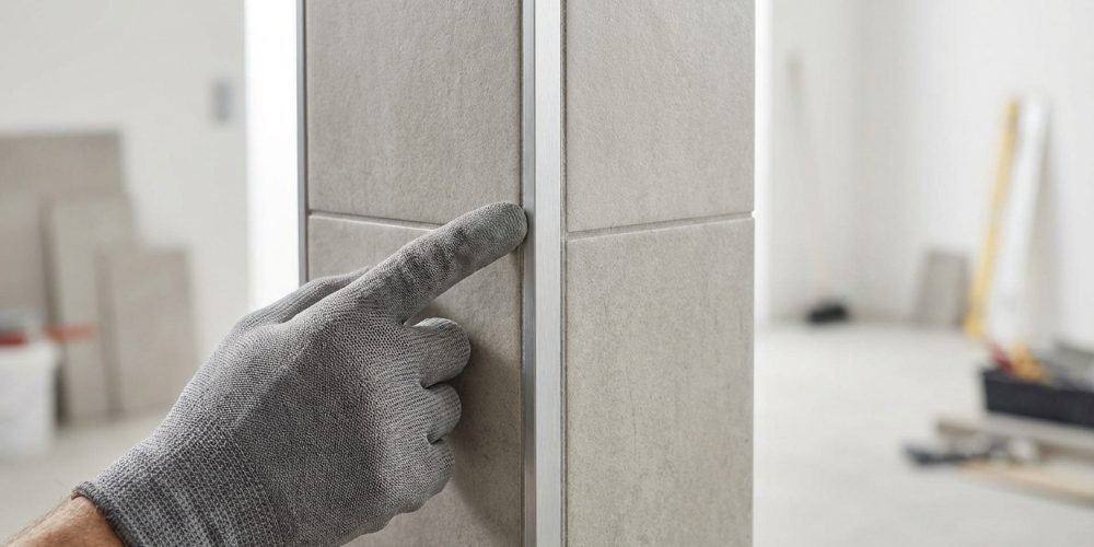 Main gantée grise touchant une baguette de finition métallique insérée entre deux carreaux de carrelage clairs au coin d'un mur.