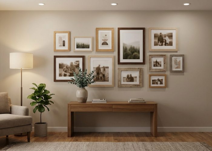 Mur beige décoré d'une composition de cadres photo en bois de tailles variées au-dessus d'une console. Fauteuil et lampe à gauche.