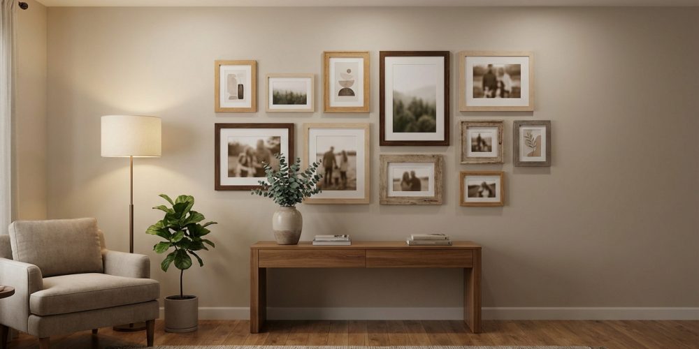 Mur beige décoré d'une composition de cadres photo en bois de tailles variées au-dessus d'une console. Fauteuil et lampe à gauche.
