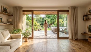 Une femme regarde son jardin depuis un salon lumineux aux menuiseries en bois assorties et parquet en chêne.